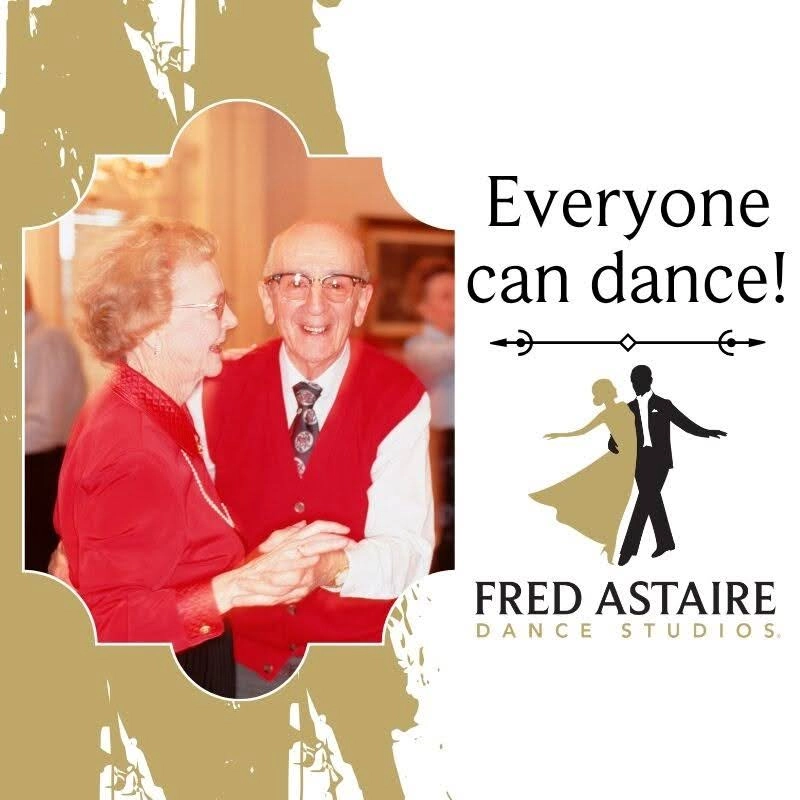 Smiling older couple enjoying a ballroom dance together at a social event, with the text "Everyone can dance!" and the Fred Astaire Dance Studios logo on the right. Start ballroom dancing in Ahwatukee with welcoming lessons for adults of all experience levels.
