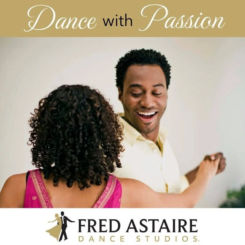 A smiling couple enjoys a partner dance during a studio lesson, promoting Dance Lessons for Couples in Ahwatukee, with the slogan "Dance with Passion" and Fred Astaire Dance Studios branding.