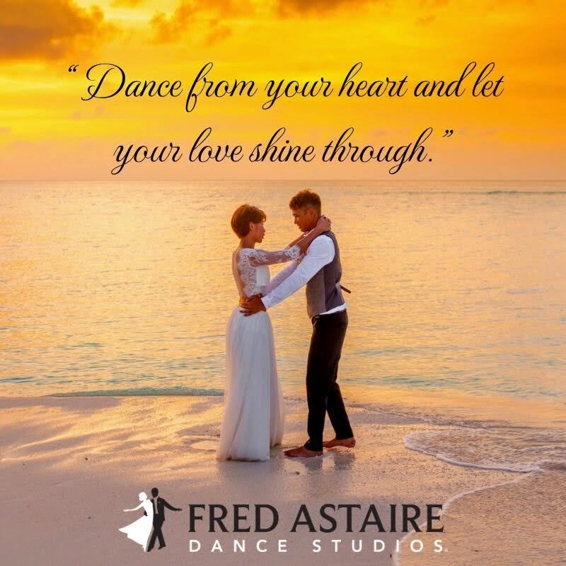 A couple dances together on a beach at sunset, evoking romance and wedding celebrations for How To Dance at a Wedding, with a quote about dancing from the heart and the Fred Astaire Dance Studios logo.