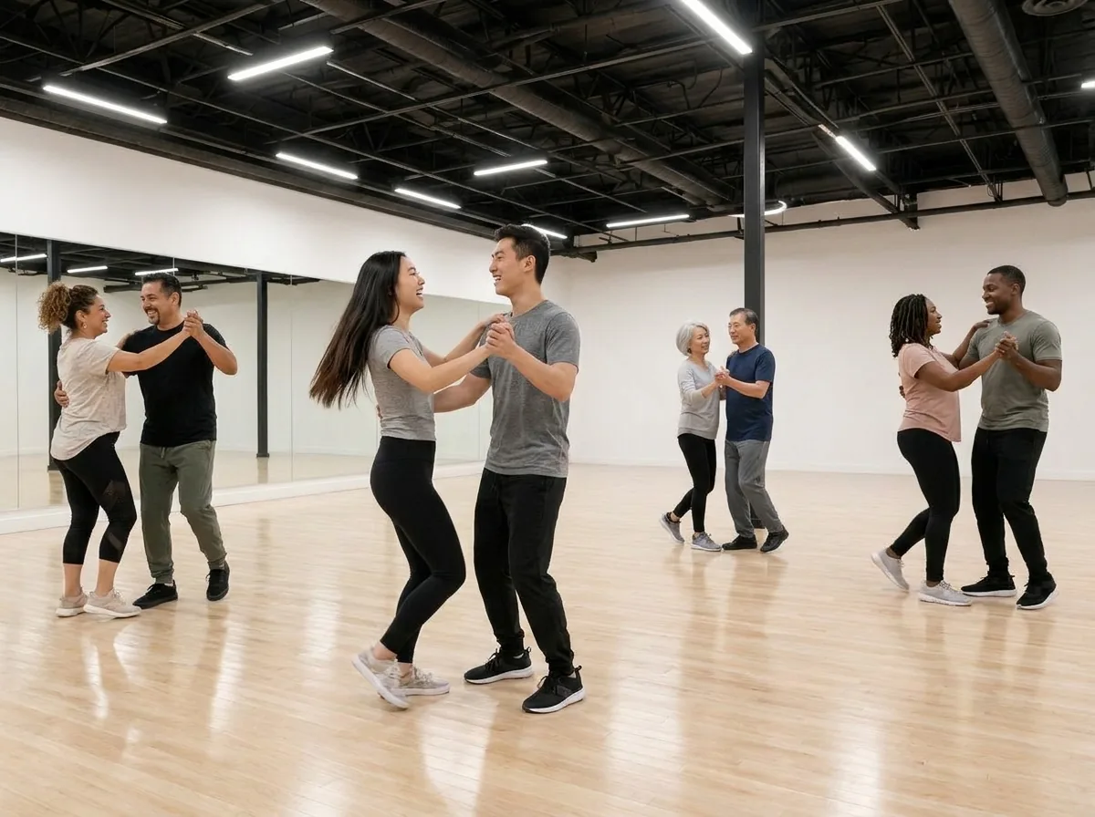 Adults dancing together during a lesson at the Alhambra studio