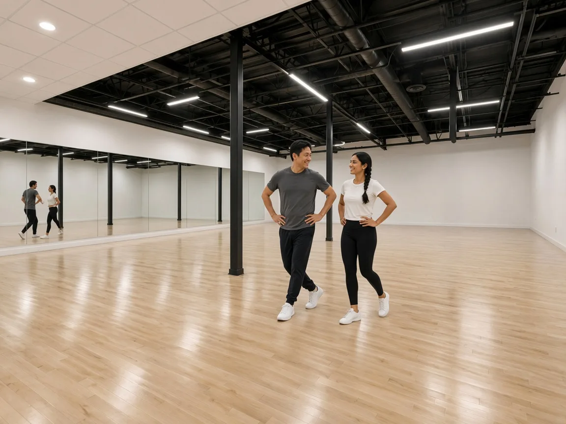 Instructor demonstrating Argentine Tango technique with a student in an Alhambra dance studio