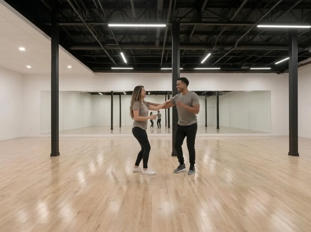 Couple dancing bachata together in the studio