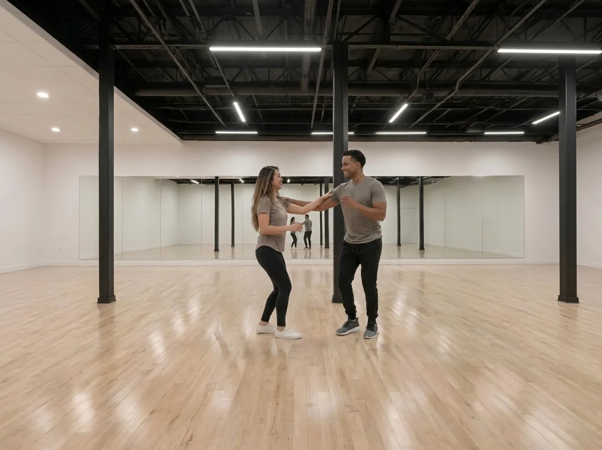 Couple dancing bachata together in the studio