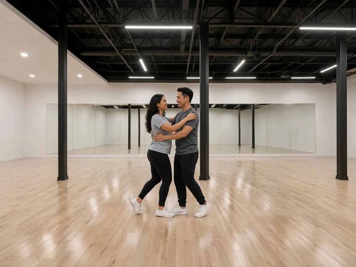 Adult couple building confidence in bachata dance lessons Alhambra students take on the studio floor