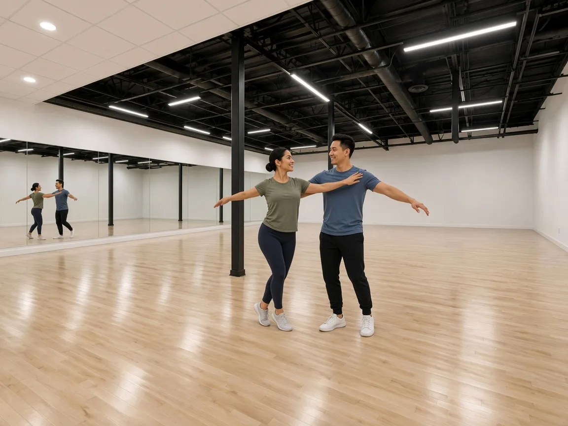 Instructor demonstrating bolero rise and fall in an Alhambra dance studio