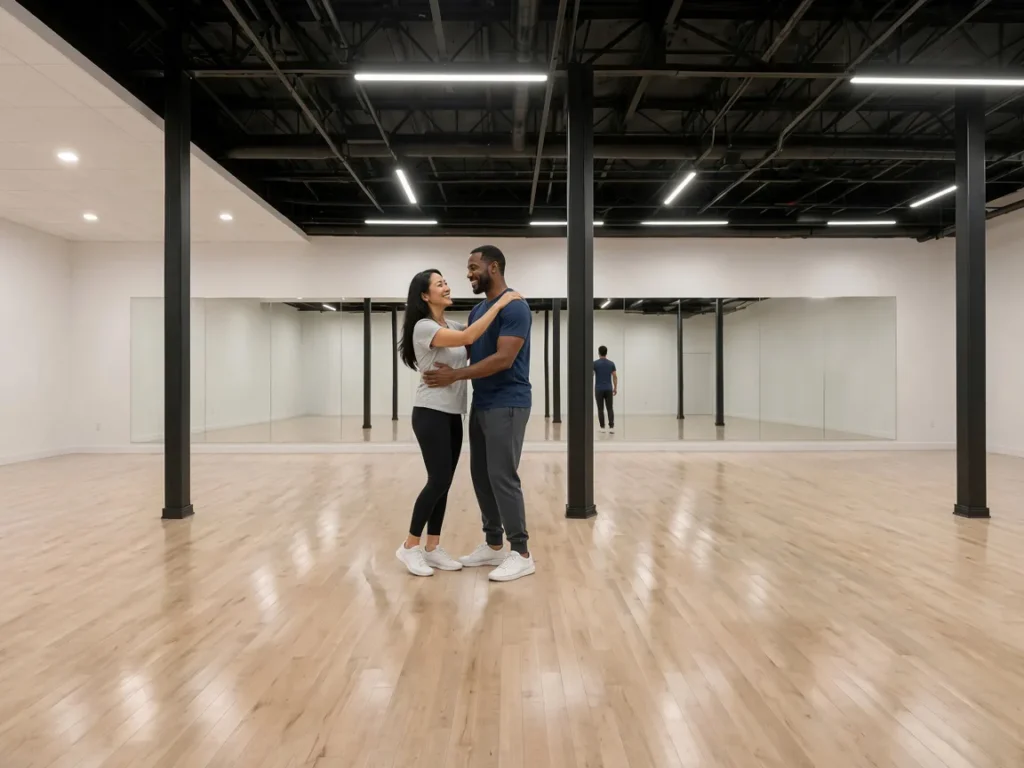 Confident dancer enjoying a busy social dance floor