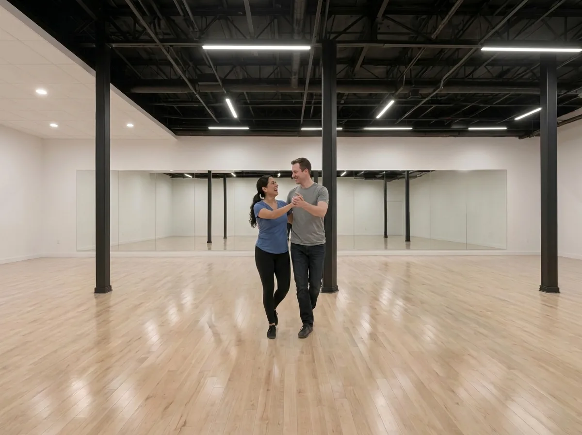 Adult students building confidence in country two step dance lessons Alhambra offers on the studio floor