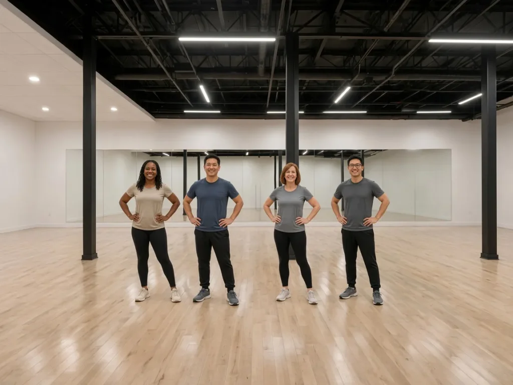 Couples repeating a pattern together during a group class