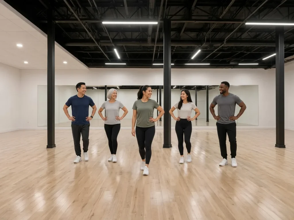 Adults learning Social Dance Lessons in Alhambra. Partner dancing together on the studio floor in Alhambra