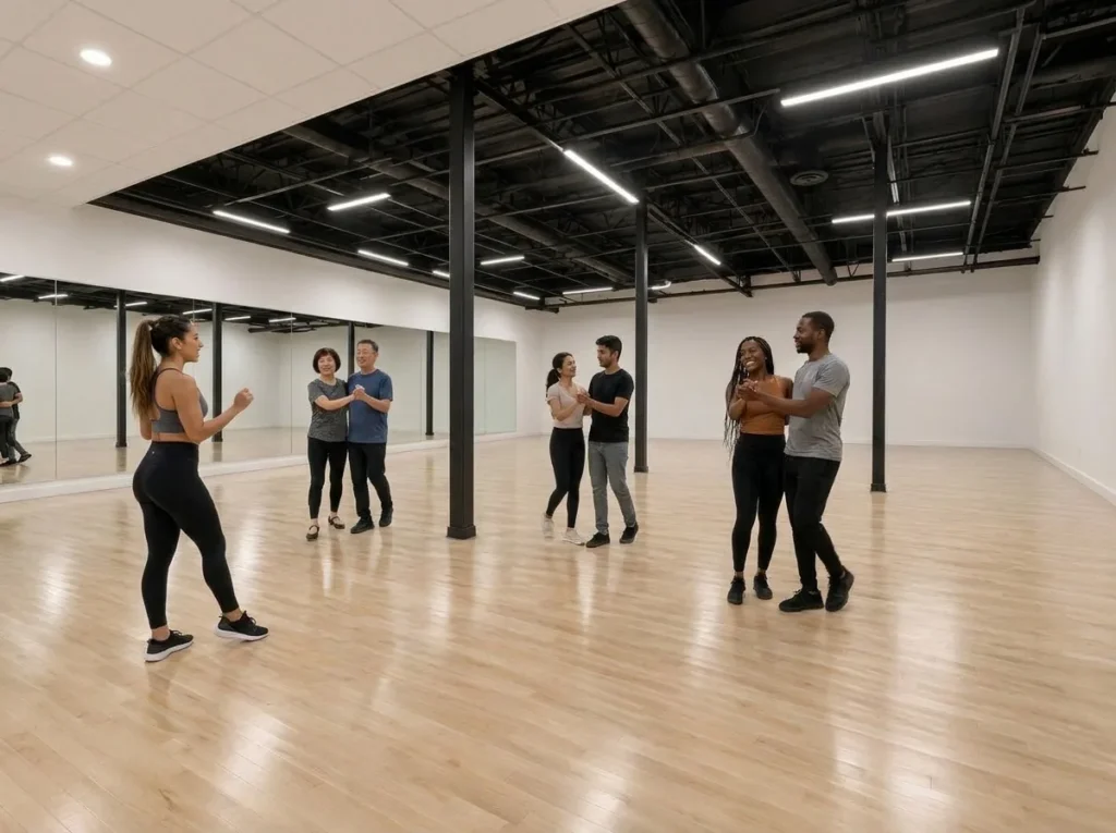 Adults practicing partner steps together in group dance classes Alhambra students join