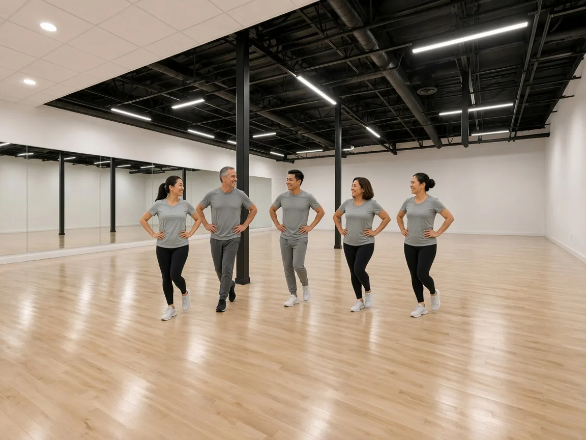 Instructor welcoming solo students into a group dance class