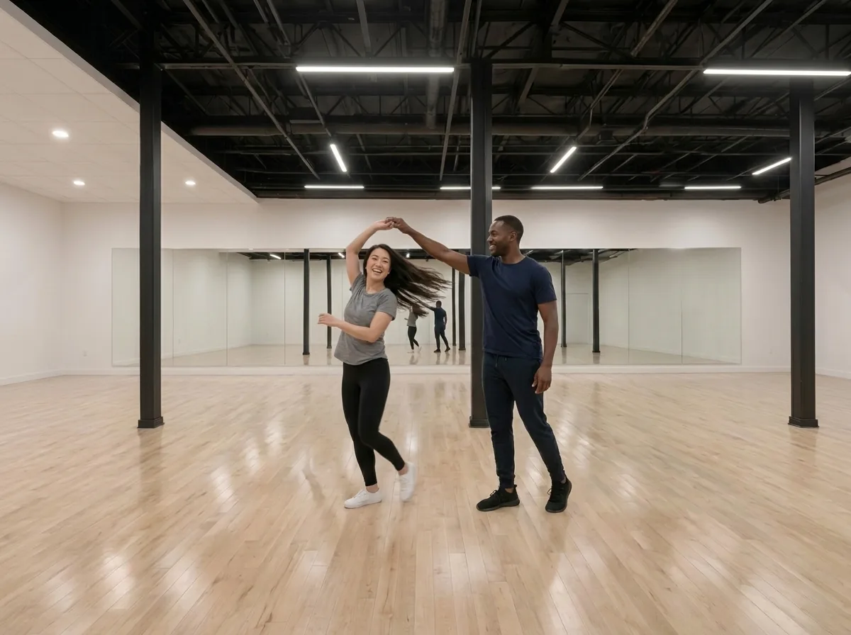 Couple dancing hustle with fast underarm turns on the studio floor in Alhambra