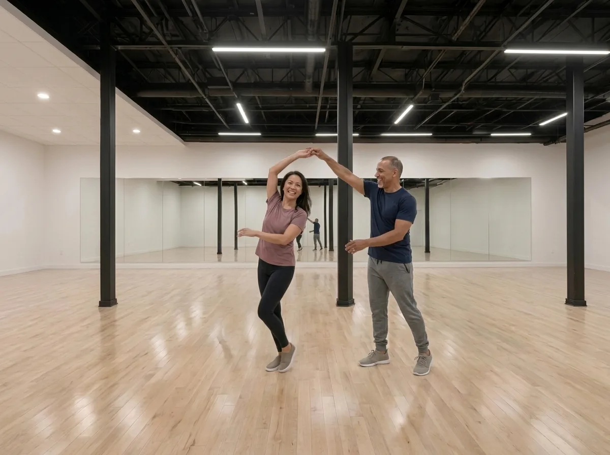Adult students building confidence in hustle dance lessons Alhambra instructors teach