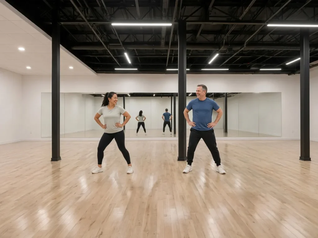 Instructor guiding an adult student through a cha cha basic in latin dance lessons alhambra