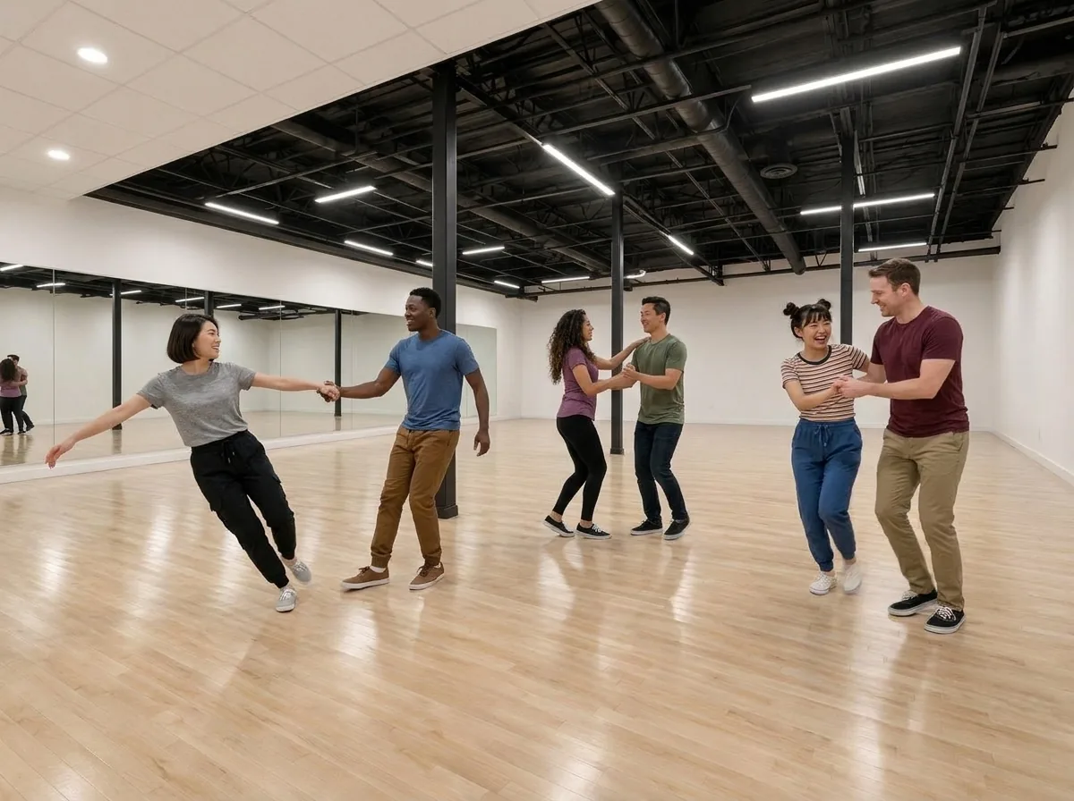 Dancers enjoying Lindy Hop together on a busy swing dance floor
