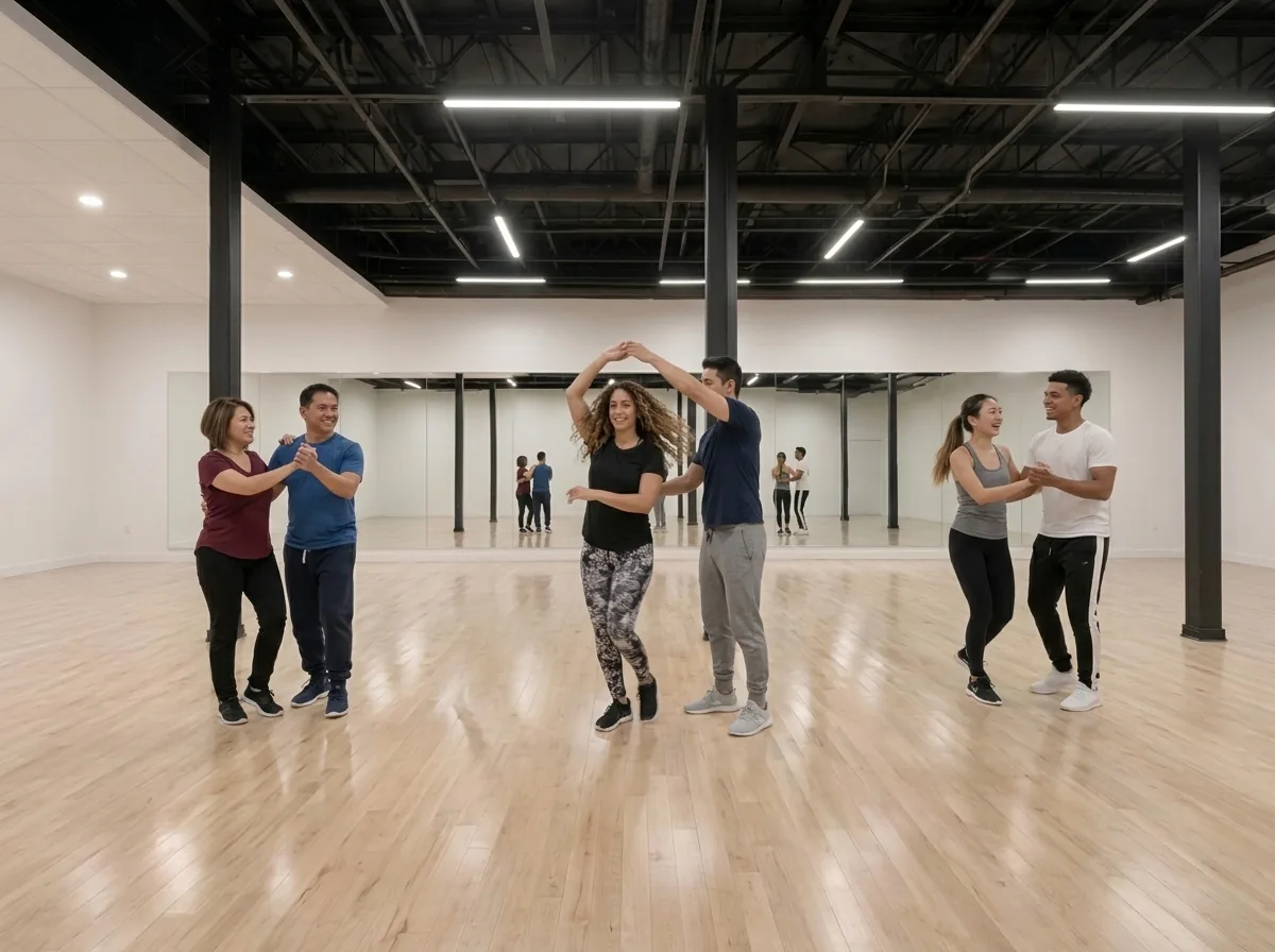 Couple dancing mambo club style in an Alhambra dance studio
