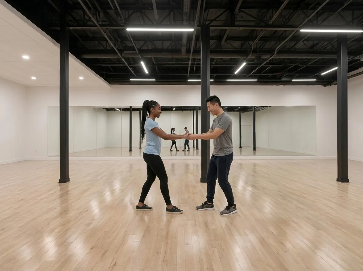 Beginner learning merengue basics with an instructor in an Alhambra dance studio