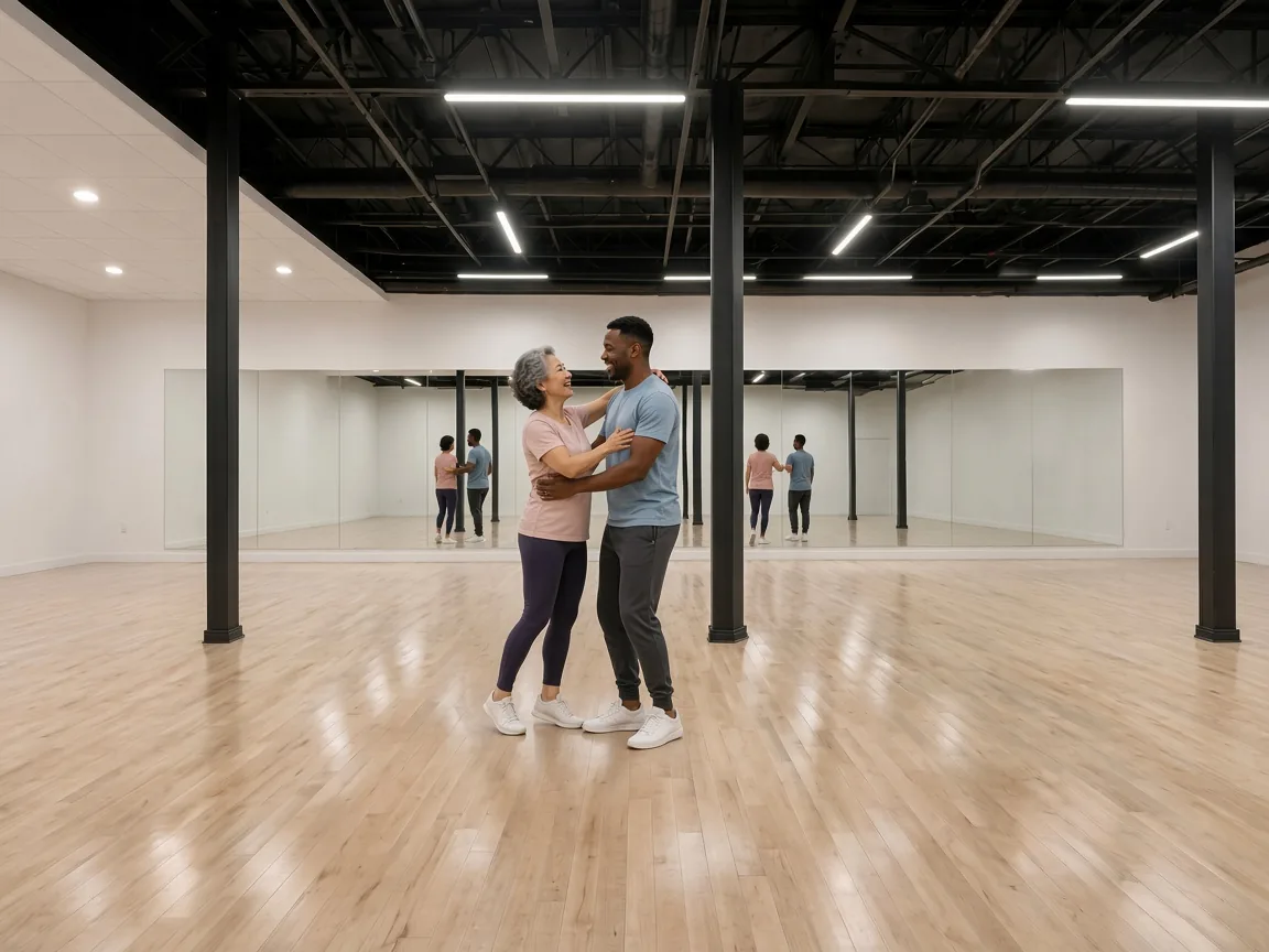 Beginner learning nightclub two step basics with an instructor in an Alhambra studio