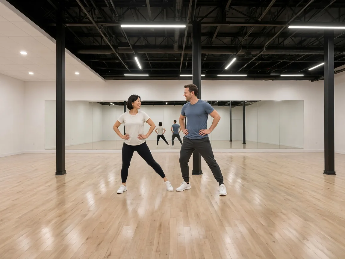 Adult couple building confidence in nightclub two step dance lessons Alhambra students take on the studio floor