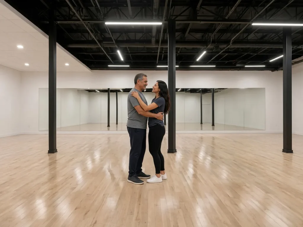 Parent and adult child practicing a parent dance during wedding dance lessons Alhambra