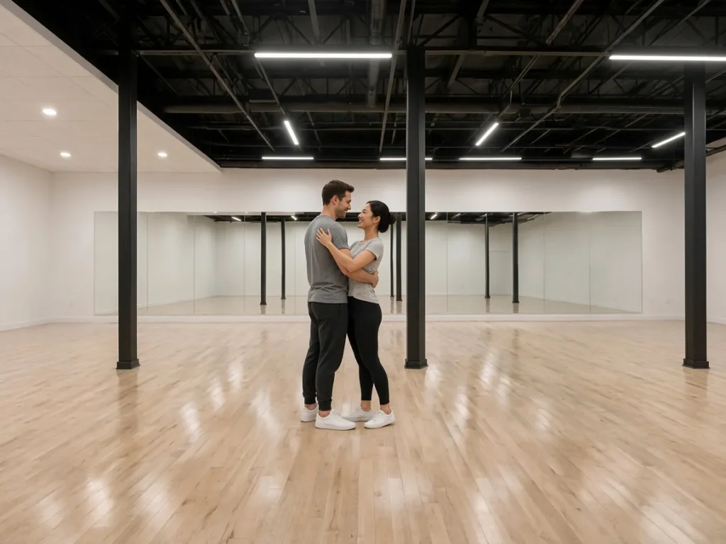 Couple rehearsing a polished first dance in close hold on the studio floor