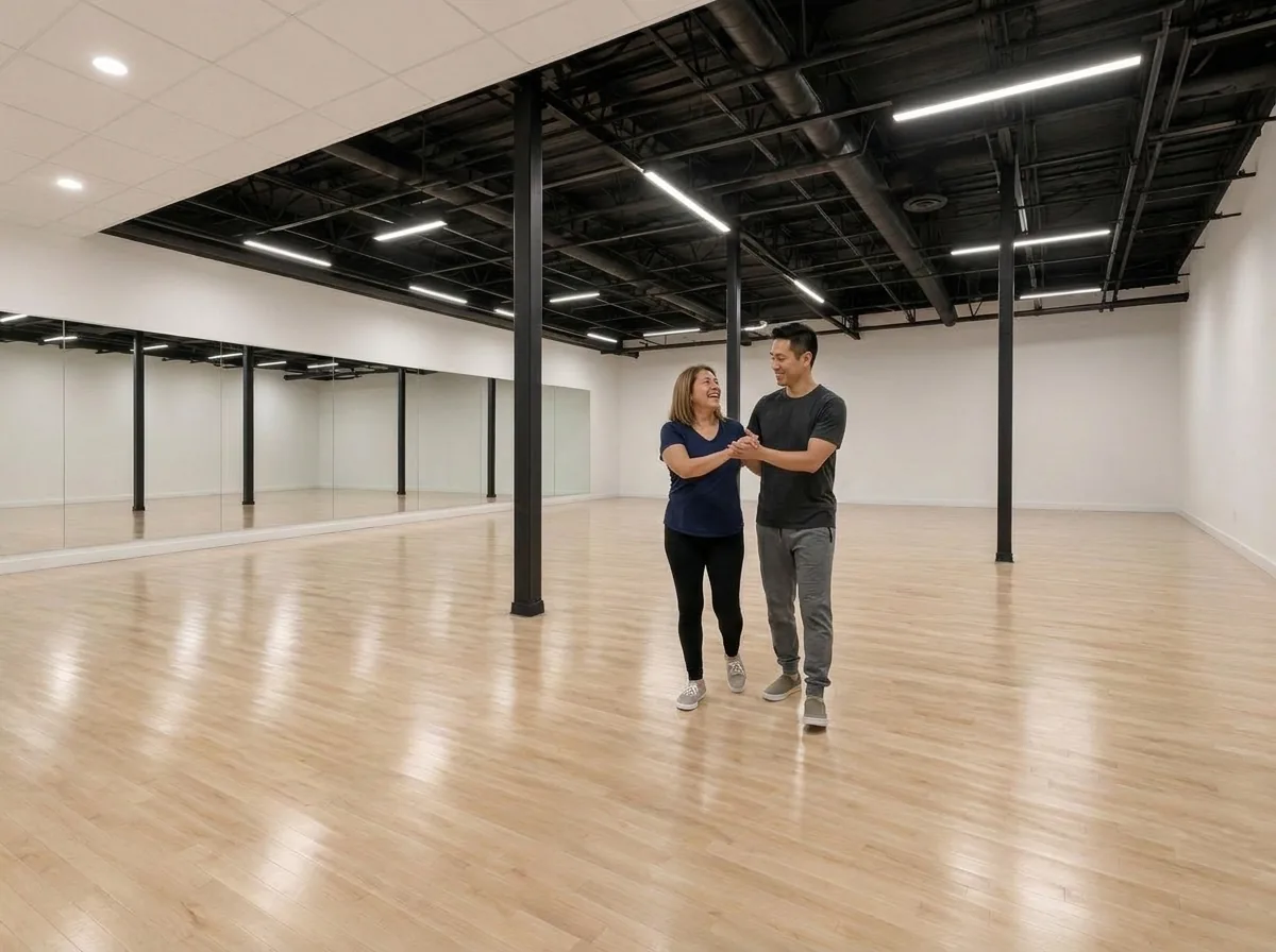Beginner learning rumba basics with an instructor in Alhambra