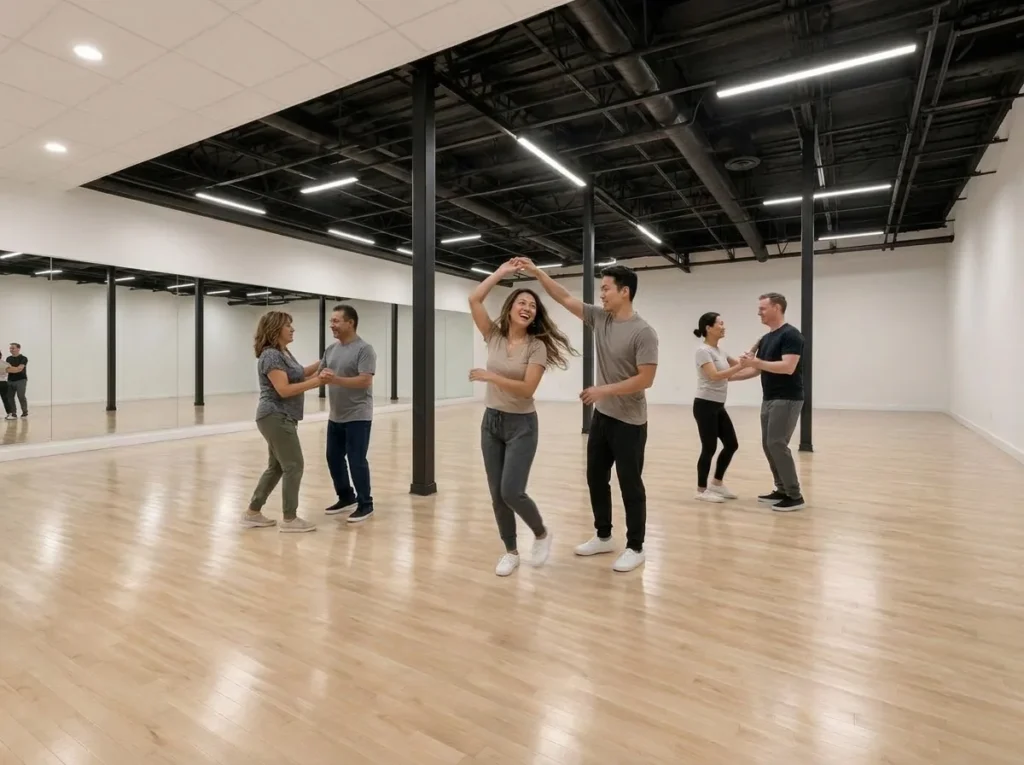 Adults dancing on a busy floor, the kind of night social dance lessons Alhambra locals take prepare them for