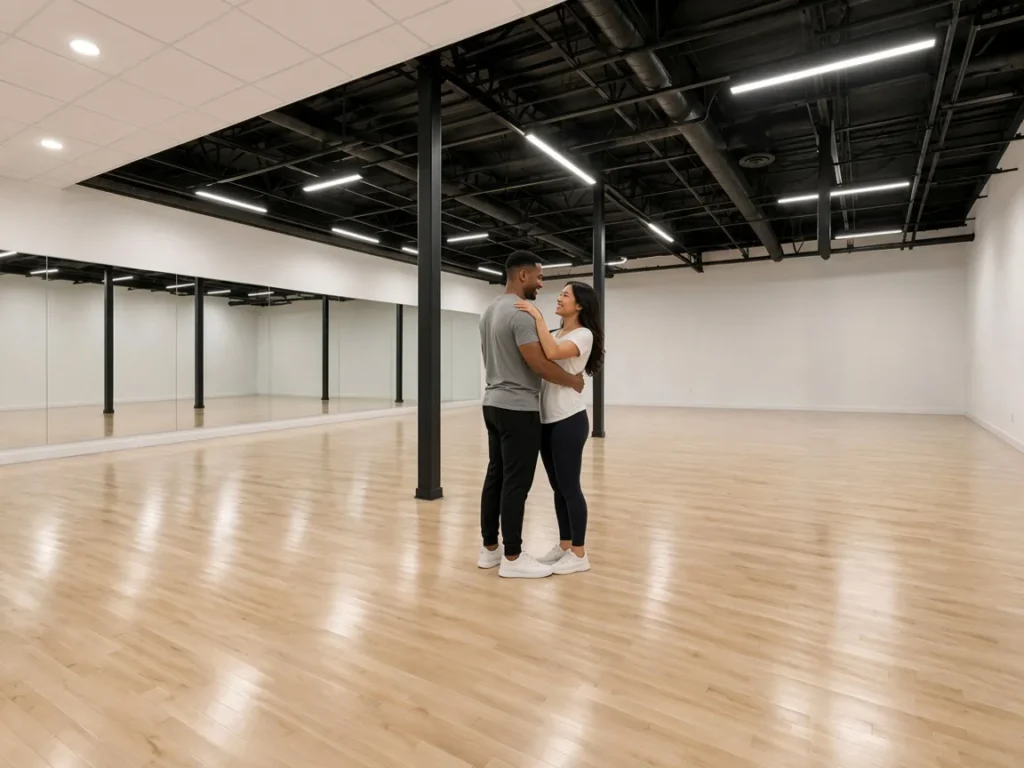 Couple sharing a slow, relaxed first dance in close hold on the studio floor