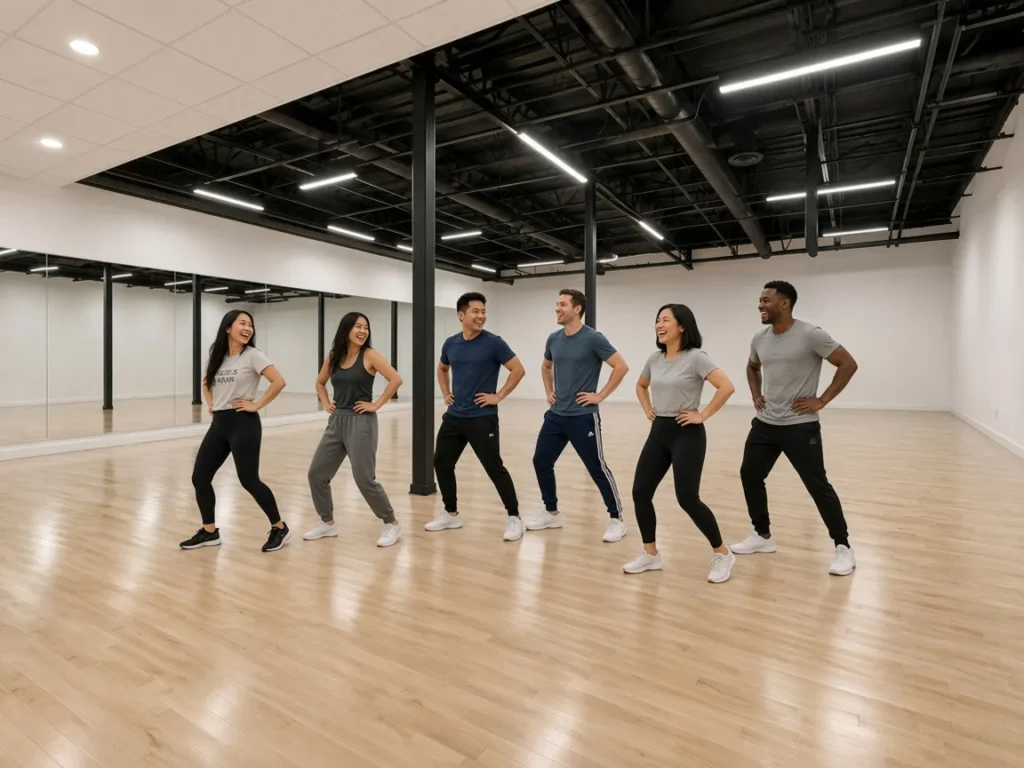 Wedding party learning a group dance routine with an instructor