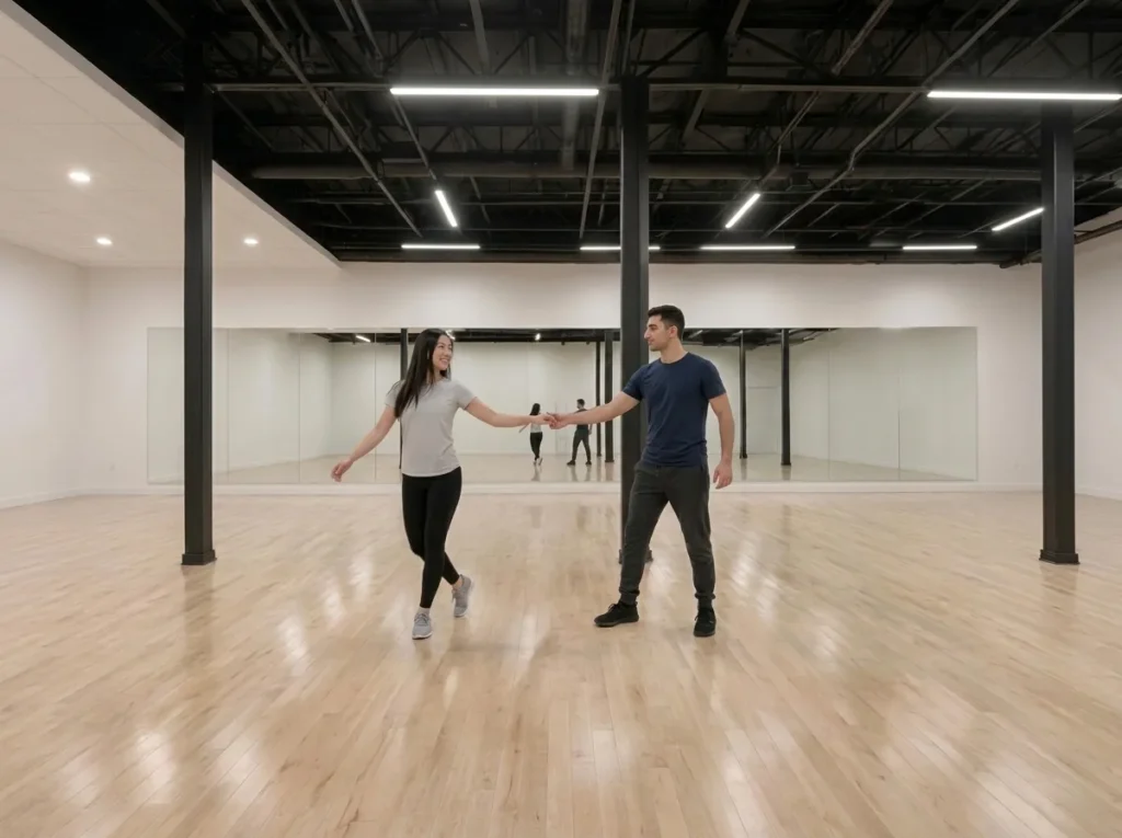 Couple learning partner turns in nightclub dance lessons Alhambra