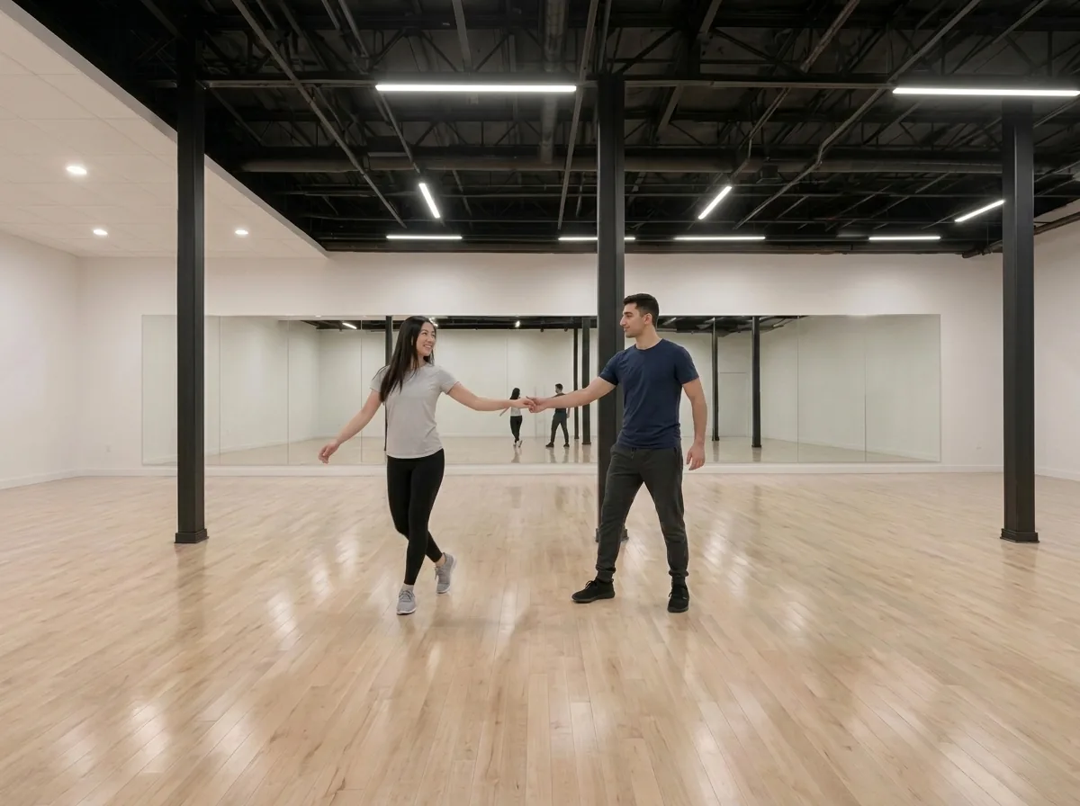 Couple learning partner turns in nightclub dance lessons Alhambra