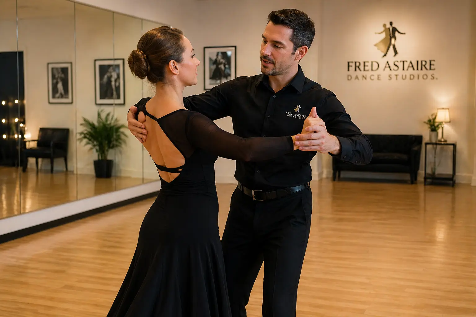 Couple practicing ballroom-style social dances in Apex at a professional dance studio, with an instructor guiding dance posture and partner technique on a polished wooden floor.