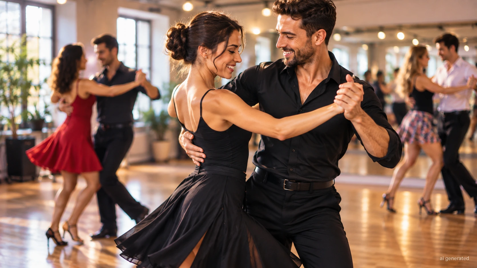 Pareja sonriente bailando en un estudio de baile luminoso, superando la vergüenza a bailar junto a otras parejas en clase