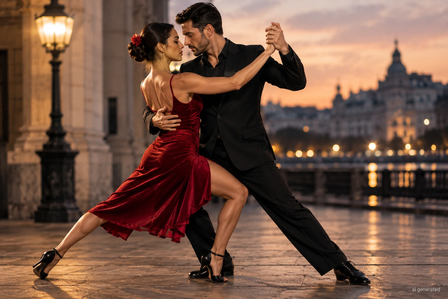 Pareja bailando tango al atardecer junto a una farola, ella con vestido rojo de terciopelo y él de traje negro, inspiración para aprender tango argentino en Barcelona