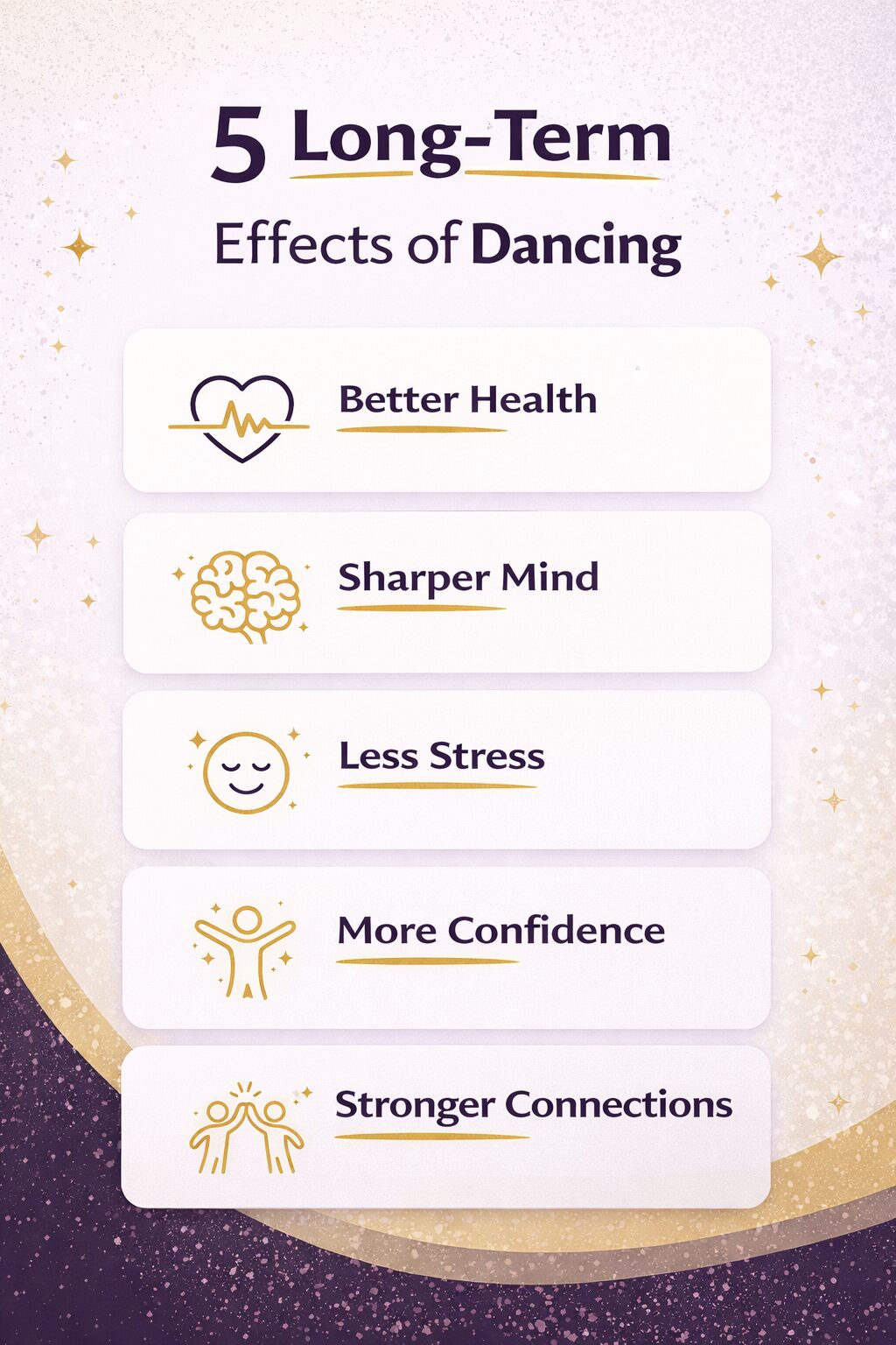 Infographic showing the long term effects of dancing, including better health, sharper mind, less stress, more confidence, and stronger social connections.