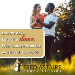 Couple dancing outdoors in a Fred Astaire Dance Studios promotional image for adult dance lessons in Cold Spring.
