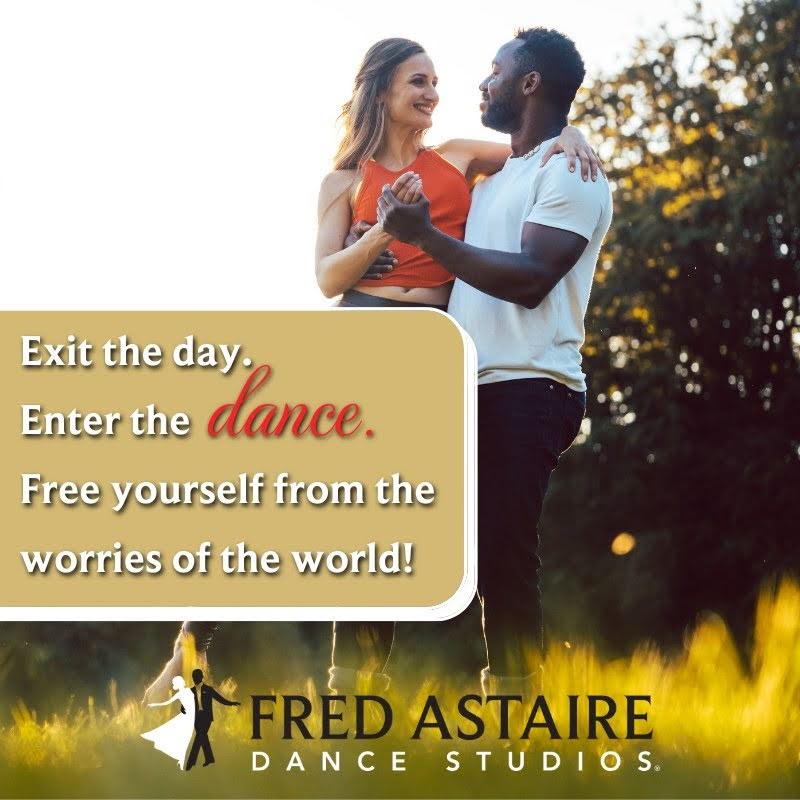 Couple dancing outdoors in a Fred Astaire Dance Studios promotional image for adult dance lessons in Cold Spring.