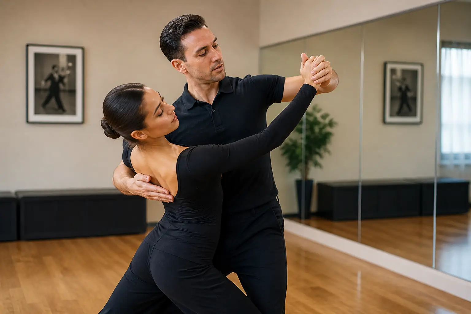Couple practicing ballroom dancing in Washington during a professional dance lesson in a modern studio.