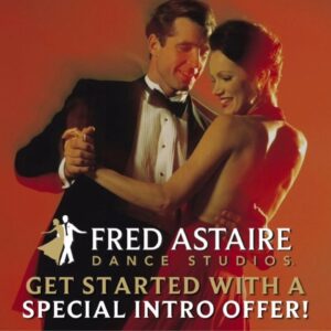 Couple ballroom dancing in a Fred Astaire Dance Studios graphic promoting a Dance Lesson in Washington special intro offer.