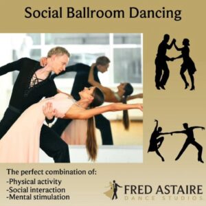 Social ballroom dancing graphic with a couple dancing, promoting dance lessons for couples in Washington.