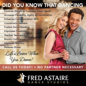 Smiling couple in a Fred Astaire Dance Studios graphic promoting the benefits of dancing and tango lessons in Washington.