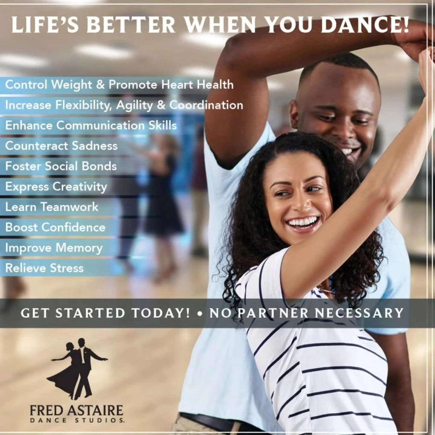 Smiling couple enjoys a Dance Lesson in Washington at a dance studio, highlighting the physical, mental, and social benefits of learning to dance, with text promoting health, confidence, creativity, and no partner required.