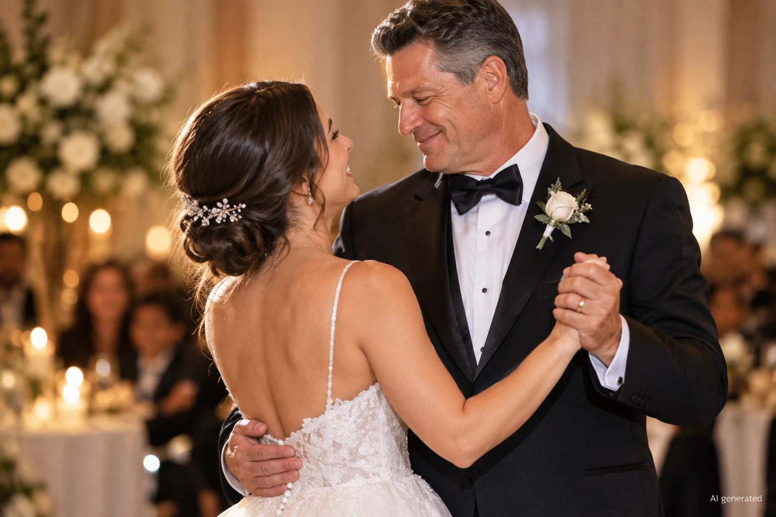 Father-Daughter Dance at a wedding reception, with a smiling bride in a lace gown dancing with a man in a tuxedo and white rose boutonniere