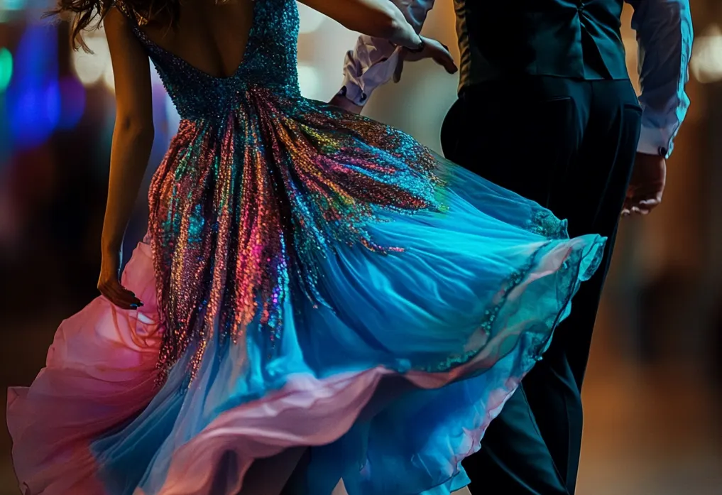 A woman's vibrant blue dress and pink ruffles contrast with her husband's black tuxedo, as they enjoy ballroom dance lessons.