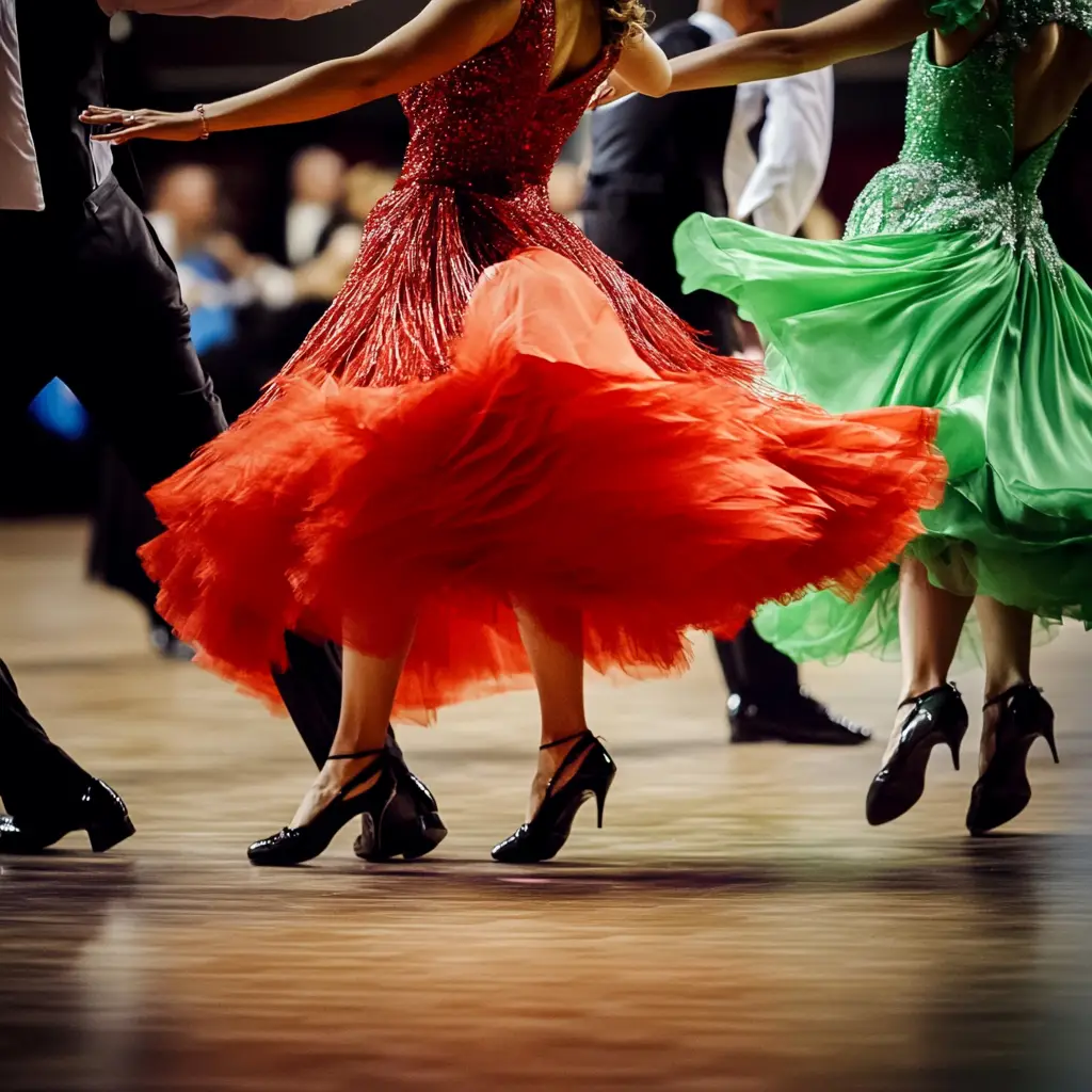 2 ladies and 2 men take Latin dance classes in elegant red and green dresses and tuxs.