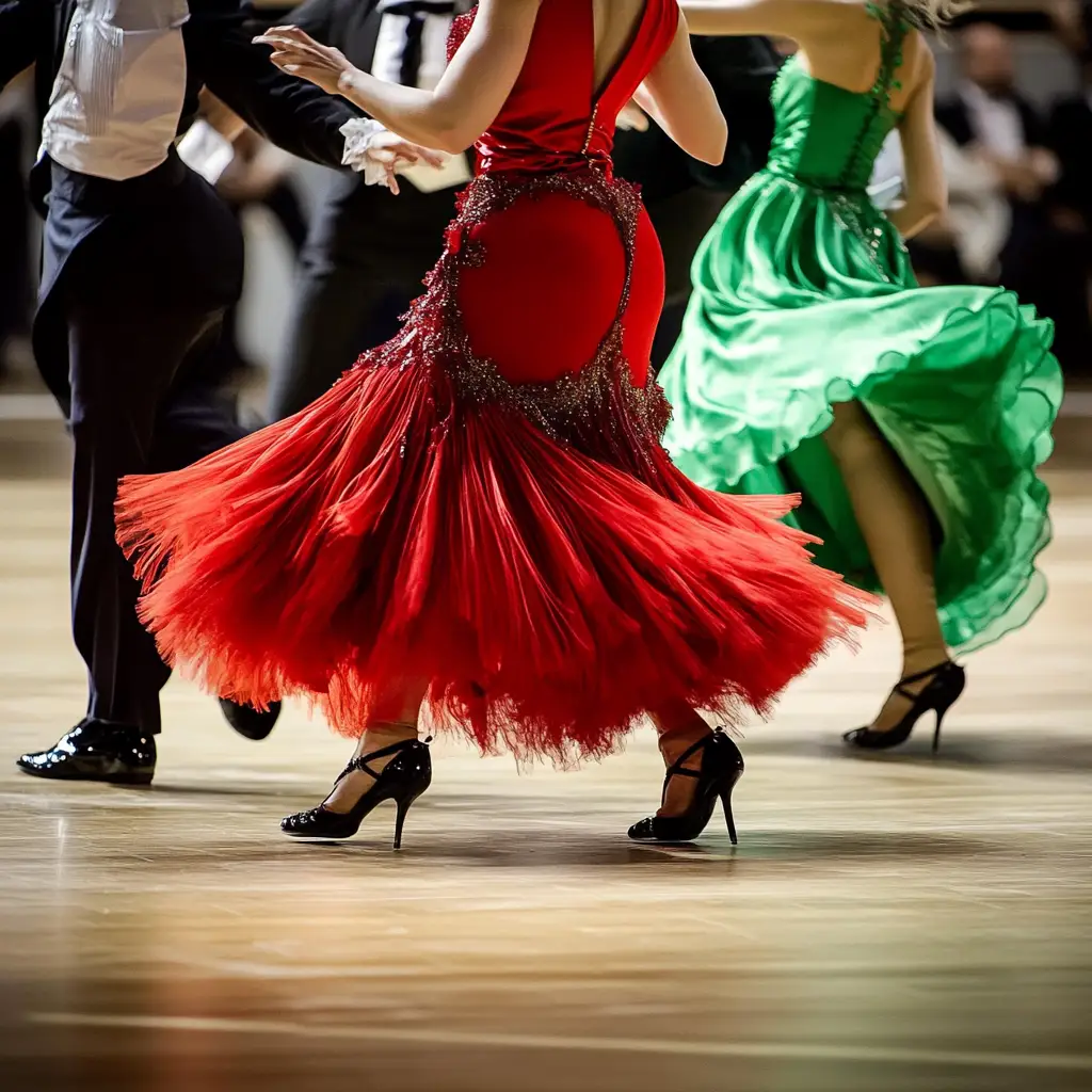 A lady in a festive and elegant red dress takes Latin dance classes.