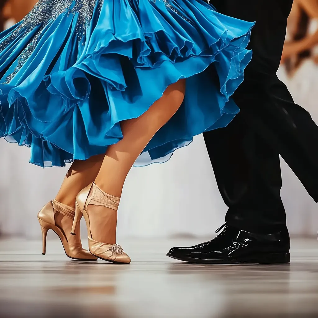 A close up of a woman's blue ballroom dress and tan heels dancing with a man in black pants.