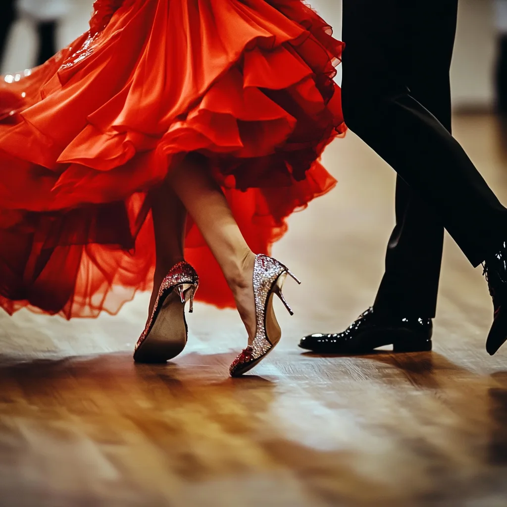 Woman in elegant red dress and heels, man in black slacks take Latin dance lessons in Durham.