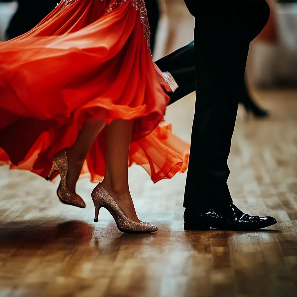 Close-up of ballroom dance shoes on the floor, with a red dress and black pants. The couple is taking salsa lessons in Durham.