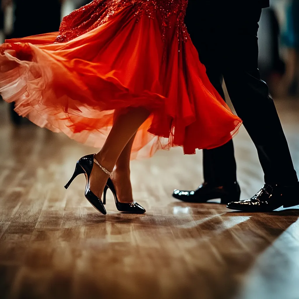Woman in a red dress and heels, and a man in black shoes and pants take salsa lessons in Durham.